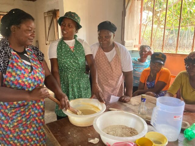 Tuesday Godly Women Class
The Godly woman class recently enjoyed making a cake.  In our area, cakes finish off a special meal like after weddings and graduations. Often the piece of cake is wrapped in a napkin and intended to be taken home. It can be frosted or not, and is heavy and moist, more like an American pound cake.  It is often flavored with both dark and light vanilla.