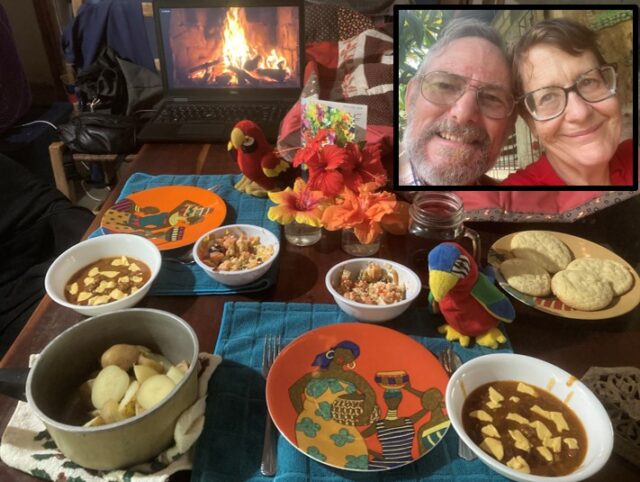 We are HAFF Missionaries Colin and Carla Wilson praying your holidays will have times for intimate reflection with Christ about his call on your lives. Both the 24th and 25th are paid holidays for our staff and we are enjoying some down time, too.  We put together this impromptu tropical Christmas Eve lunch with canned chili, fresh boiled potatoes, carrot salad with dried cranberries and dried mango. Dessert was packaged sugar cookies freshly baked with peppermint oil.